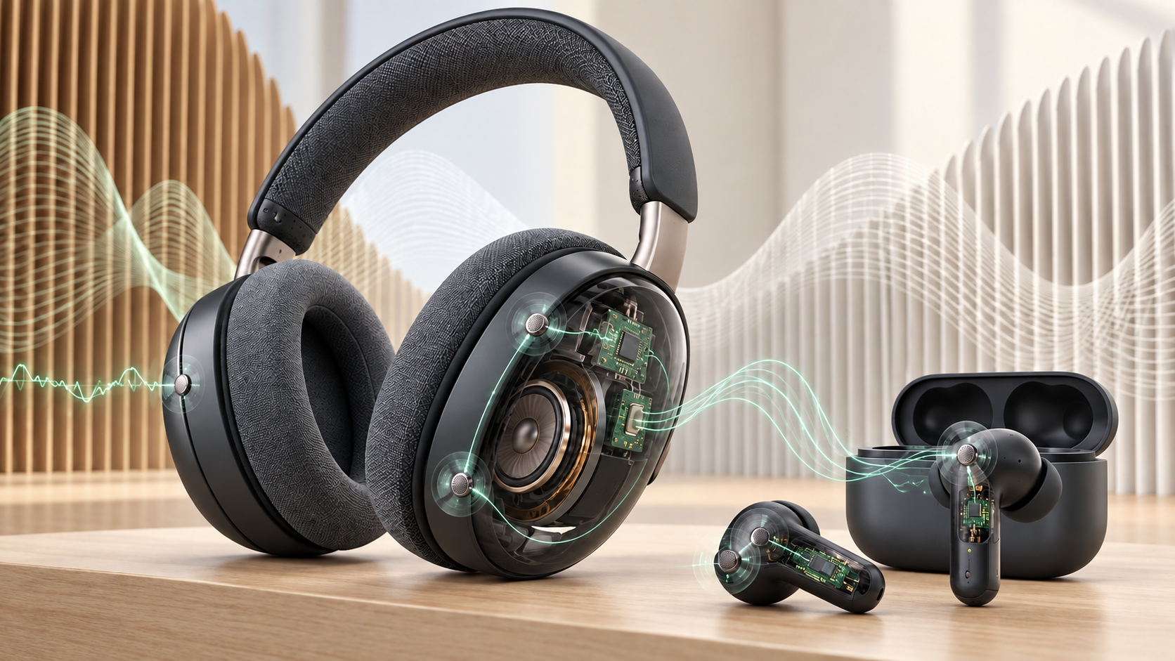 Headphones and earbuds with integrated microphones, drivers, and embedded audio processing
