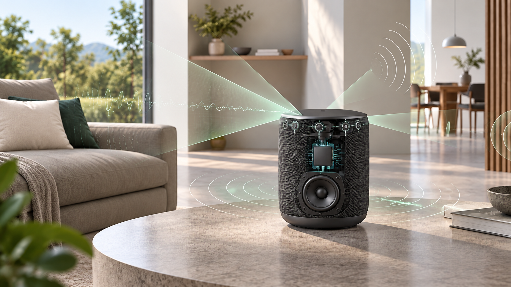Far-field smart speaker with microphone array and room-scale audio processing
