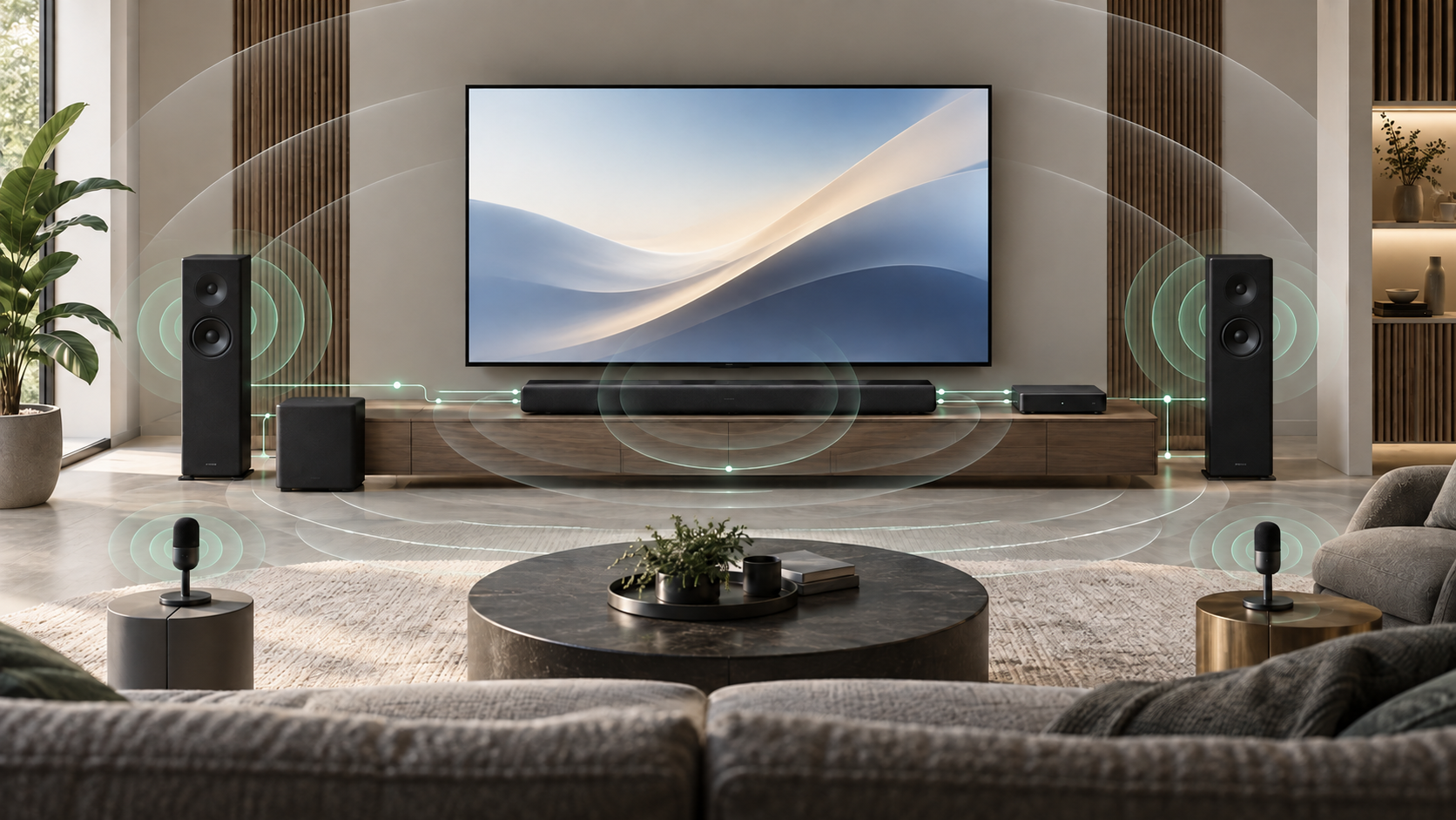 Television, soundbar, speakers, and microphones operating as an integrated audio system