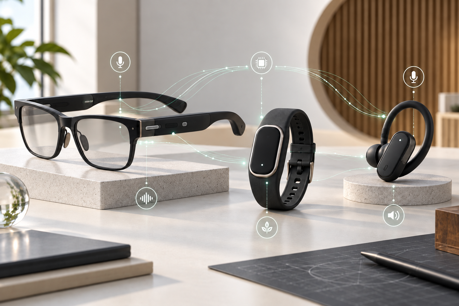 Smart glasses, a wrist wearable, and an ear-worn device connected by embedded audio processing